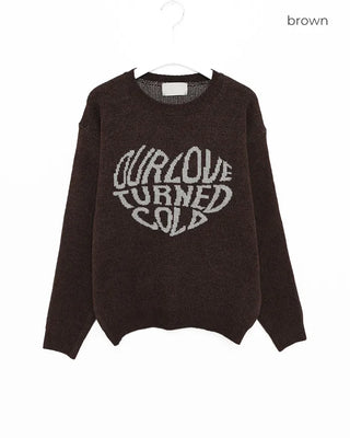 (Unisex) Heart Lettering Round Neck Knit