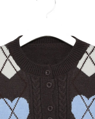 Heart Argyle Round Neck Cardigan