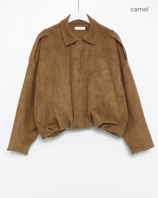 Gathered hem semi-cropped suede blouson jacket