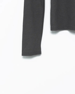 Button stand neck ribbed slim long T-shirt