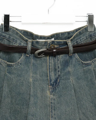 (Belt set) Denim pleated mini skirt