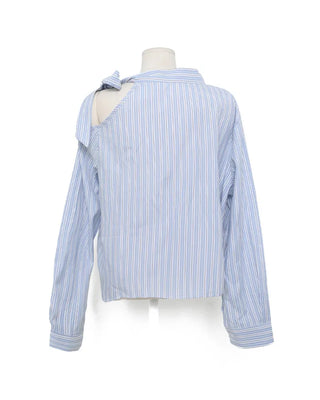 Cut-shoulder tie-neck double stripe blouse