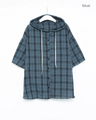 (Unisex) Check Hooded Short-Sleeve Shirt