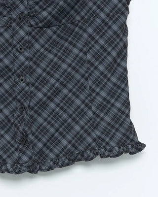 Checked Shirred Short Sleeve Blouse