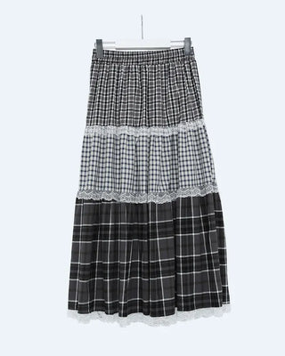 Check pattern lace detail long skirt