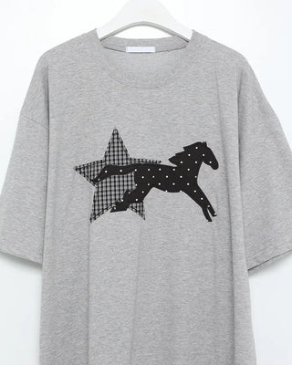 (Unisex) Check Star Dot Horse Patch Half T-Shirt
