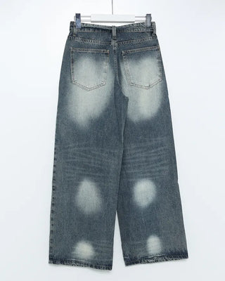 (Unisex) Fold Detail Washed Denim Pants