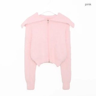 Angora Texture Color Zipper Cardigan