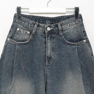 Pleated wide-leg denim pants