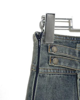 Side-adjustable wrap pleated denim mini skirt