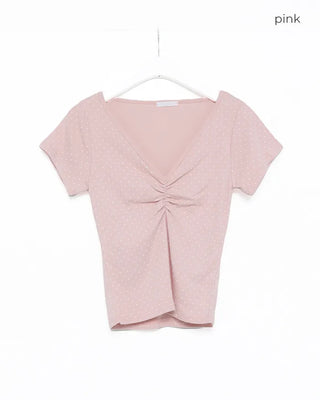 V-neck polka dot shirred half T-shirt