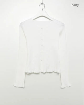 Frilled round neck ribbed cardigan