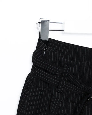 Double-belted pinstripe mini skirt