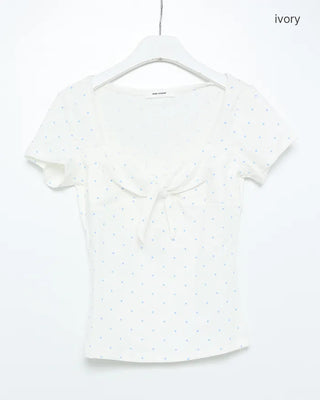 Lace trim polka dot front ribbon short-sleeved T-shirt