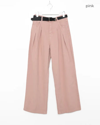 Double-pleated cotton wide-leg pants and belt set