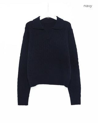 Open-collar cable knit sweater