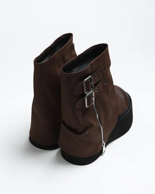 Buckle Zipper Leather Mid-Calf Boots