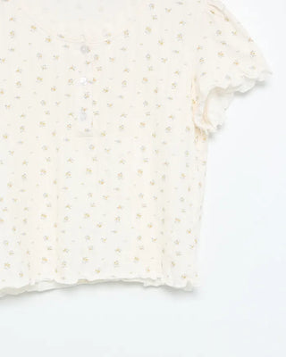 Flower Henley Neck Scallop Short Sleeve Shirt & Pants Set