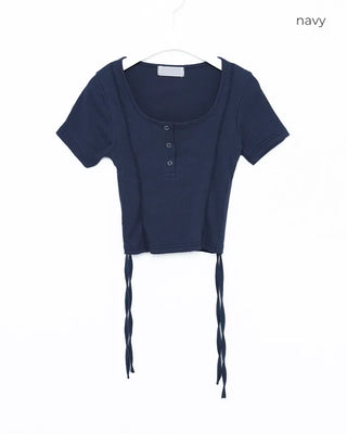 Side Shirring Button Half Sleeve T-Shirt