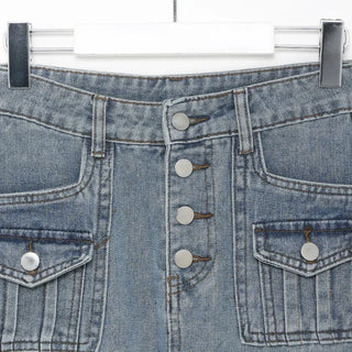 Button pocket washed denim long skirt