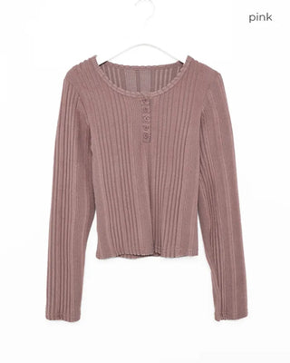 Ribbed round neck long sleeve T-shirt