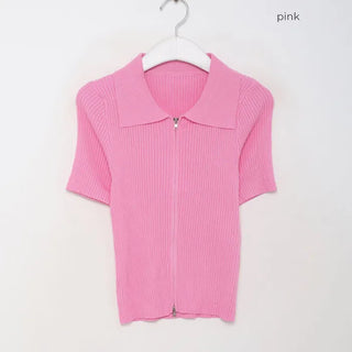 Colored Zipper Short-Sleeve Knit Cardigan