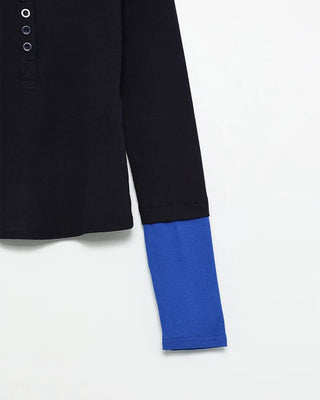 Color-layered button-up long-sleeve T-shirt