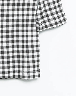 Gingham check boat neck 5/8 sleeve slim T-shirt