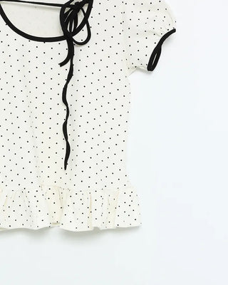 Two-tone polka dot frill puff sleeve T-shirt