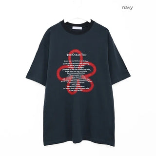 (Unisex) Spray Flower Lettering Long Half T-Shirt