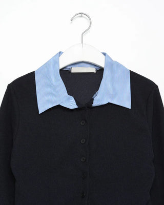 Shirt-layered button cardigan