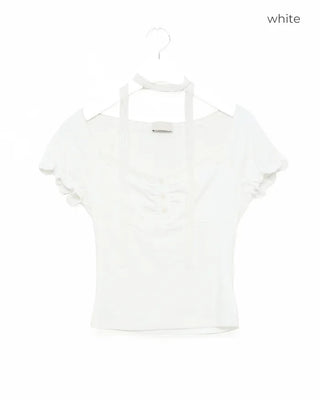 Shirred lace tie T-shirt