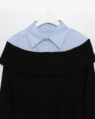 Shirt-layered off-shoulder blouse