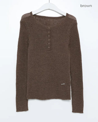 Henley neck sheer ribbed knit