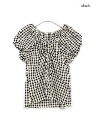 Checked Shirred V-Neck Blouse