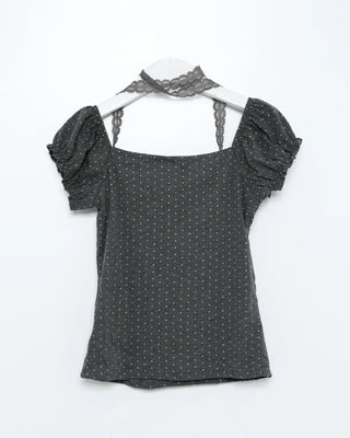 Dot Square Neck Shirred Strap Point T-Shirt