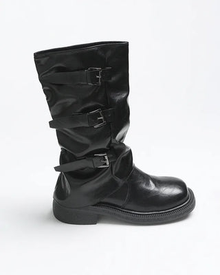 Square-toe triple-strap mid-calf boots