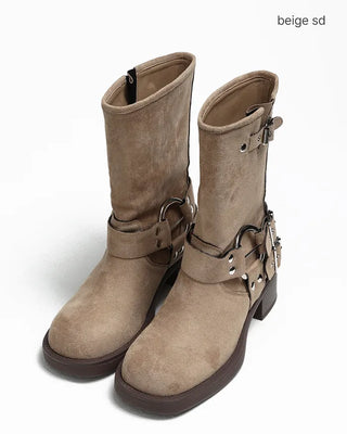 Double-belt round harness mid-calf boots