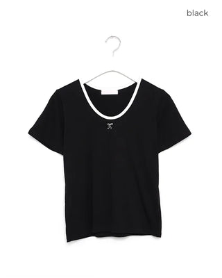 Two-tone neckline ribbon half T-shirt