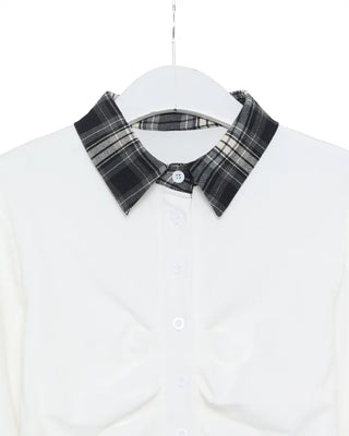Checked two-tone gathered neck shirt