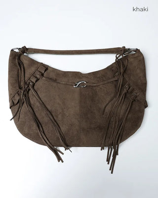 Frilled fringe suede hobo bag
