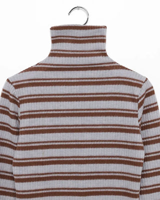 High-neck striped slim rib brushed long T-shirt