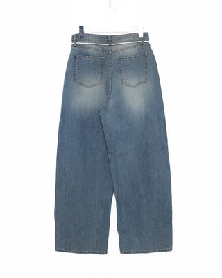 Strap Belt Washed Wide Denim Pants