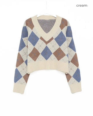 V-neck argyle pattern loose knit