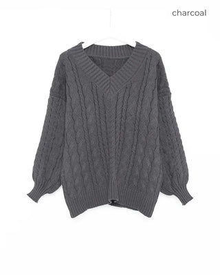 V-neck Cable Balloon Sleeve Long Knit