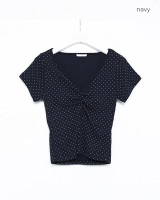 V-neck polka dot shirred short-sleeved T-shirt