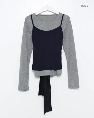 Waist tie camisole layered long-sleeve T-shirt
