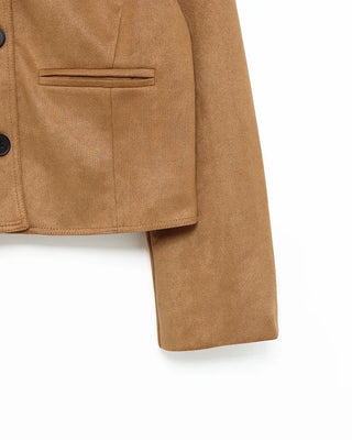Collarless suede jacket