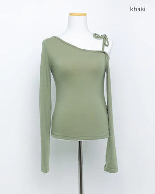 Asymmetrical Off-Shoulder Ribbon T-Shirt