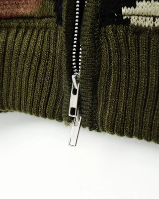 Camouflage knit hooded zip-up